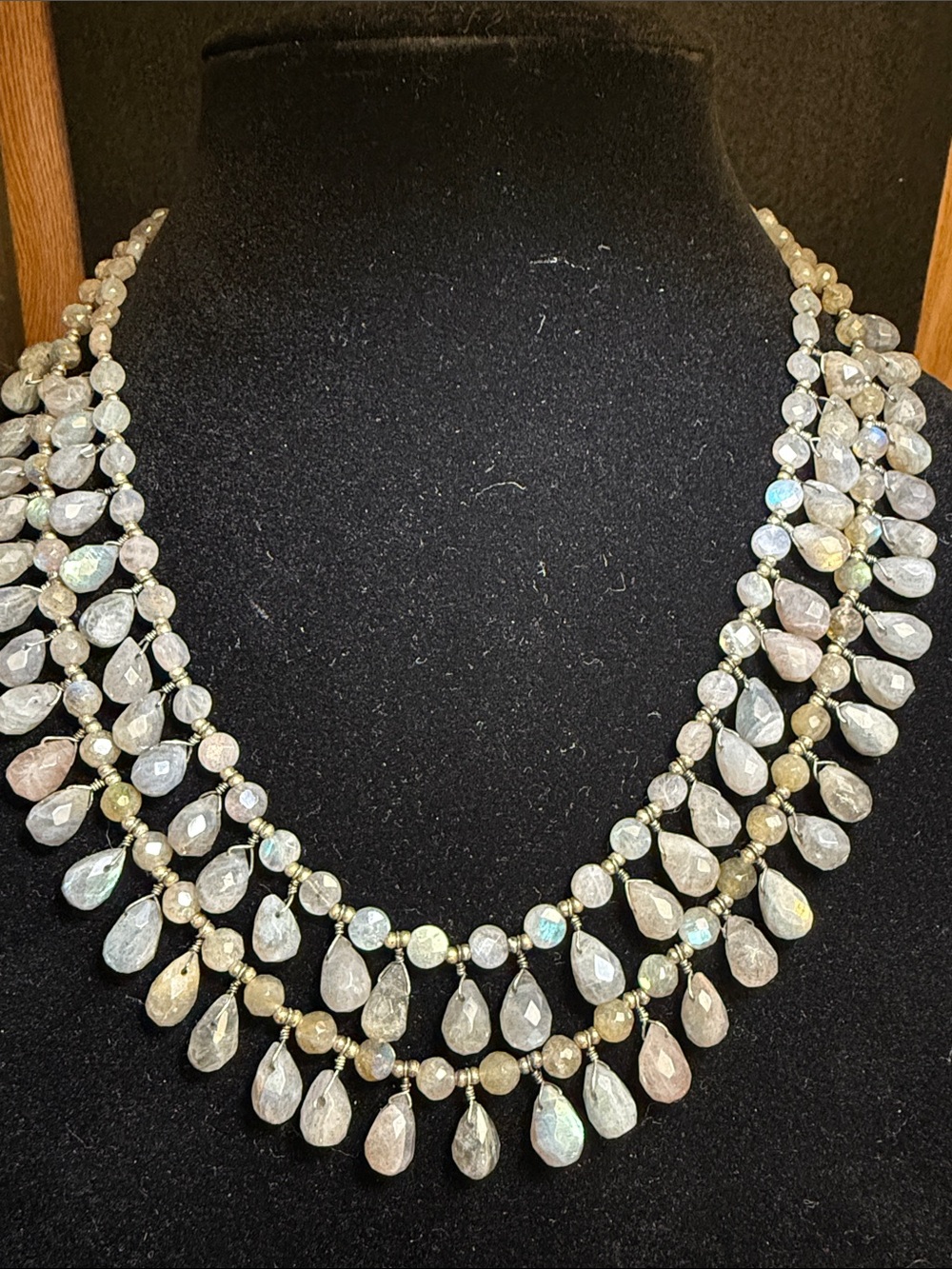 Multi-Strand Faceted Teardrop Necklace in Iridescent Gray